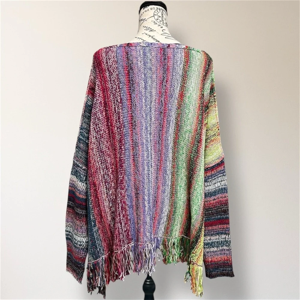 Free‎ People Rainbow Sprite Fringe Poncho Sweater L Oversized Boho Knit NWT $228